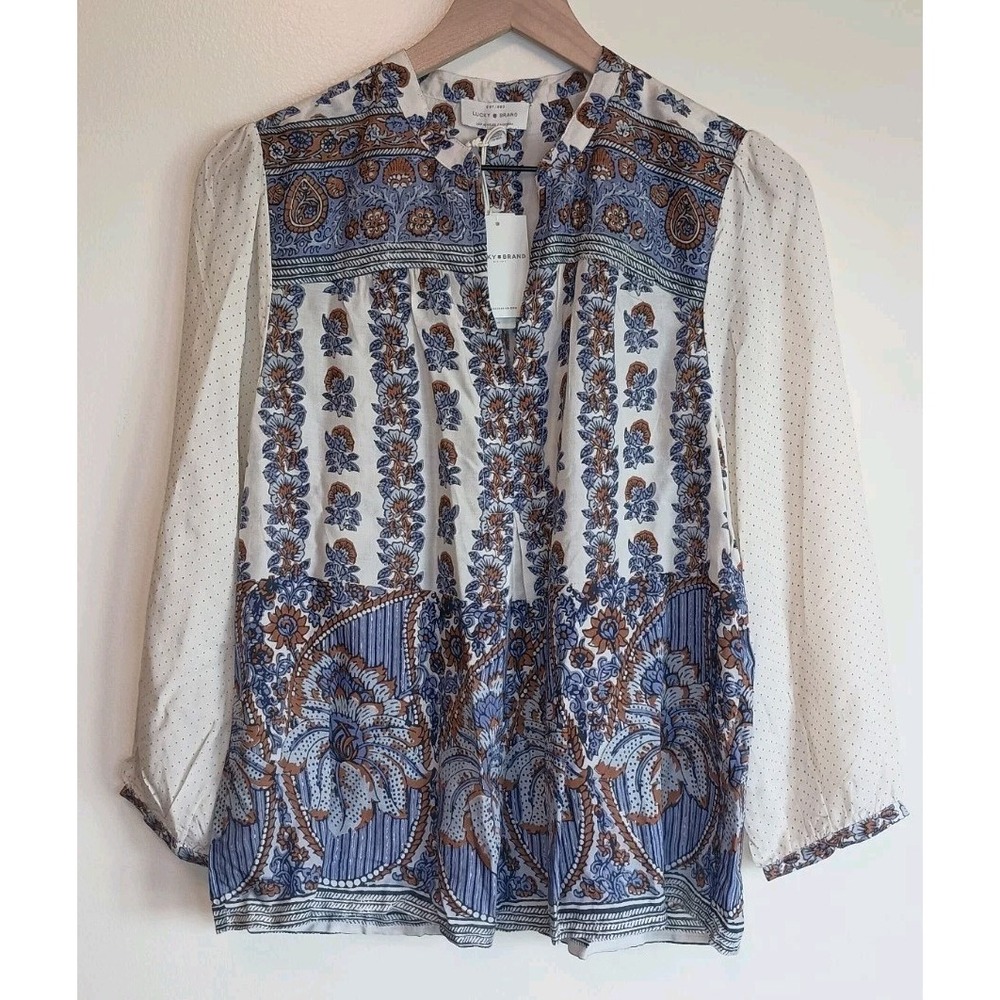 Lucky Brand NWT Floral Blouse Women's S Boho Border Print Peasant Top